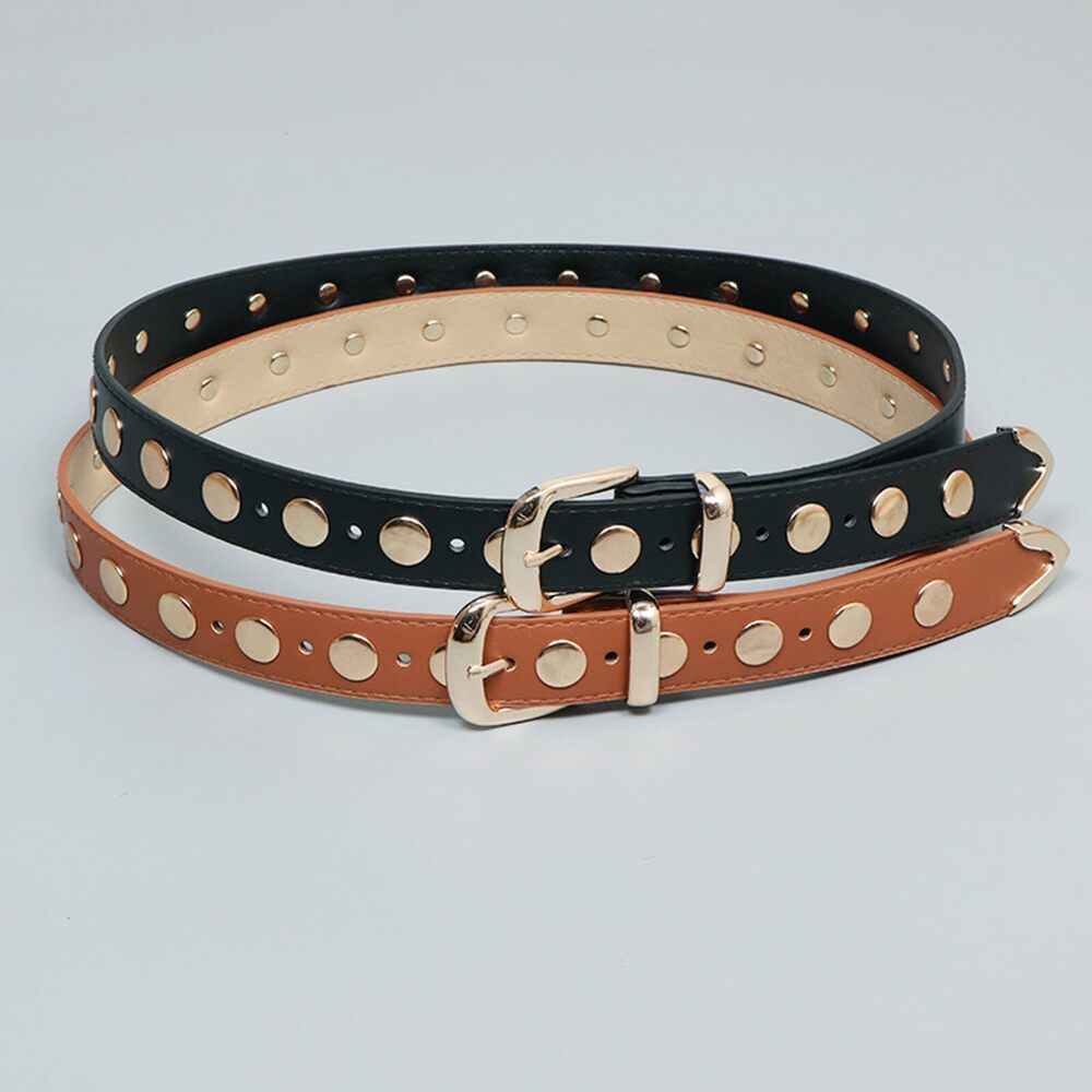 7131 Women Trend Y2k Studded Pu Leather Belt Solid Color Shiny Buckle Waist - Picture 7 of 7